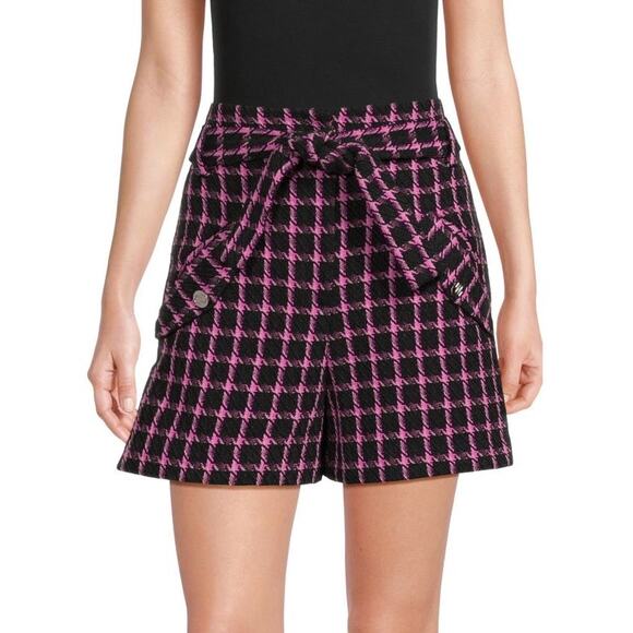 Maje Belted Wool Blend Plaid Shorts Fuchsia - Picture 1 of 8